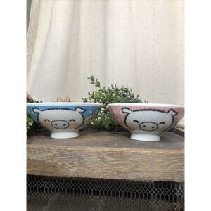 Japanese Porcelain Children’s Cute Pig Rice Bowls Set Of 2 Blue/pink Japan